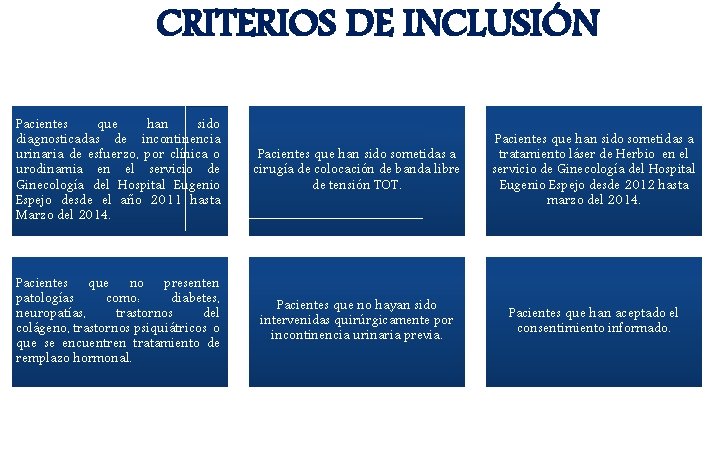 CRITERIOS DE INCLUSIÓN Pacientes que han sido diagnosticadas de incontinencia urinaria de esfuerzo, por