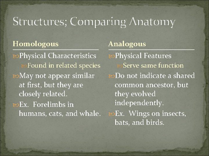 Structures; Comparing Anatomy Homologous Analogous Physical Characteristics Physical Features Found in related species May