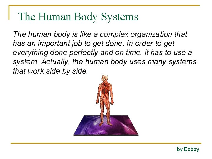The Human Body Systems The human body is like a complex organization that has
