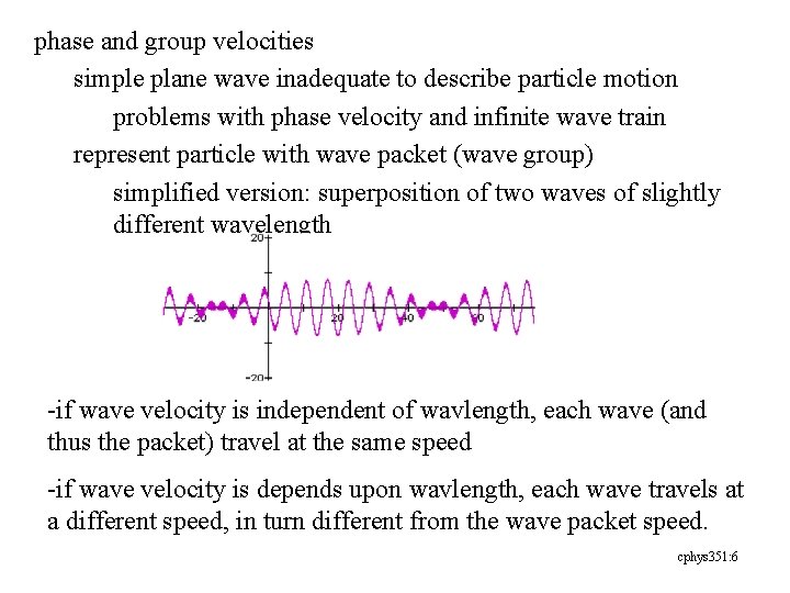 phase and group velocities simple plane wave inadequate to describe particle motion problems with