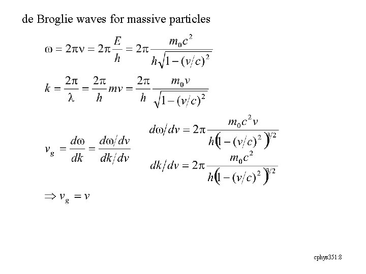 de Broglie waves for massive particles cphys 351: 8 
