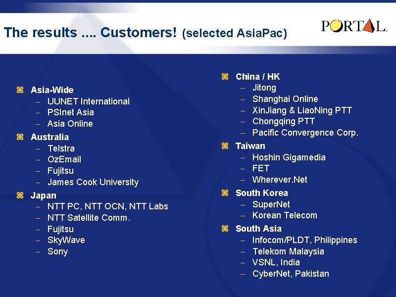 The results. . Customers! (selected Asia. Pac) z Asia-Wide – UUNET International – PSInet