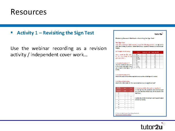 Resources § Activity 1 – Revisiting the Sign Test Use the webinar recording as Resources § Activity 1 – Revisiting the Sign Test Use the webinar recording as