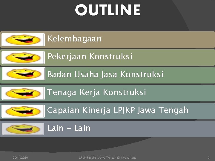 OUTLINE Kelembagaan Pekerjaan Konstruksi Badan Usaha Jasa Konstruksi Tenaga Kerja Konstruksi Capaian Kinerja LPJKP OUTLINE Kelembagaan Pekerjaan Konstruksi Badan Usaha Jasa Konstruksi Tenaga Kerja Konstruksi Capaian Kinerja LPJKP