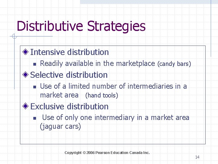 Distributive Strategies Intensive distribution n Readily available in the marketplace (candy bars) Selective distribution