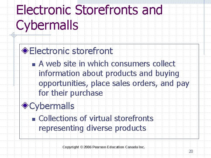 Electronic Storefronts and Cybermalls Electronic storefront n A web site in which consumers collect