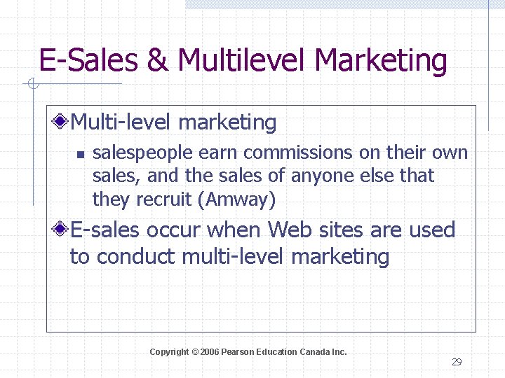E-Sales & Multilevel Marketing Multi-level marketing n salespeople earn commissions on their own sales,