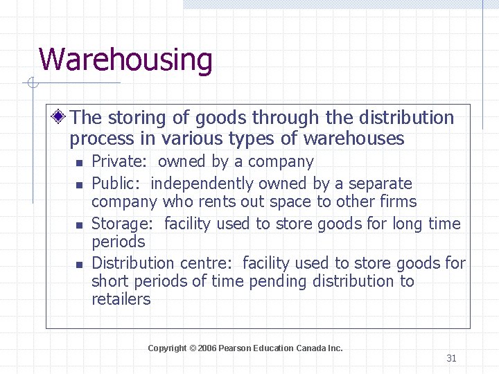 Warehousing The storing of goods through the distribution process in various types of warehouses