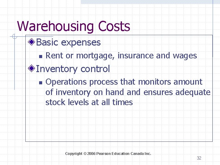 Warehousing Costs Basic expenses n Rent or mortgage, insurance and wages Inventory control n