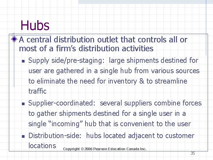 Hubs A central distribution outlet that controls all or most of a firm’s distribution