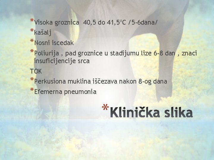 *Visoka groznica 40, 5 do 41, 5ºC /5 -6 dana/ *kašalj *Nosni iscedak *Poliurija