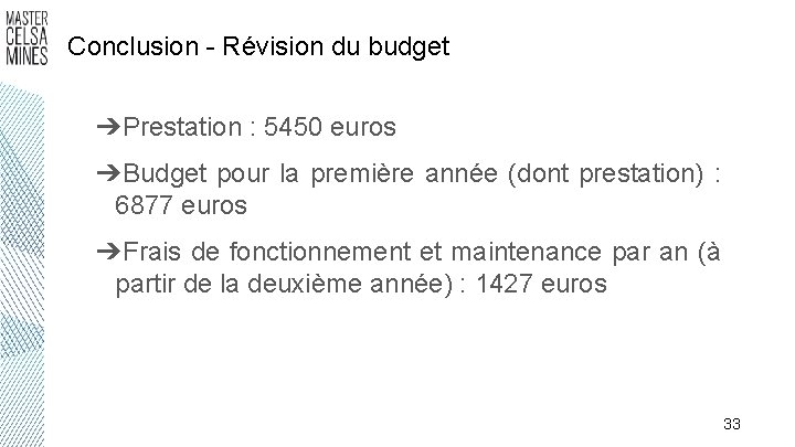 Conclusion - Révision du budget ➔Prestation : 5450 euros ➔Budget pour la première année