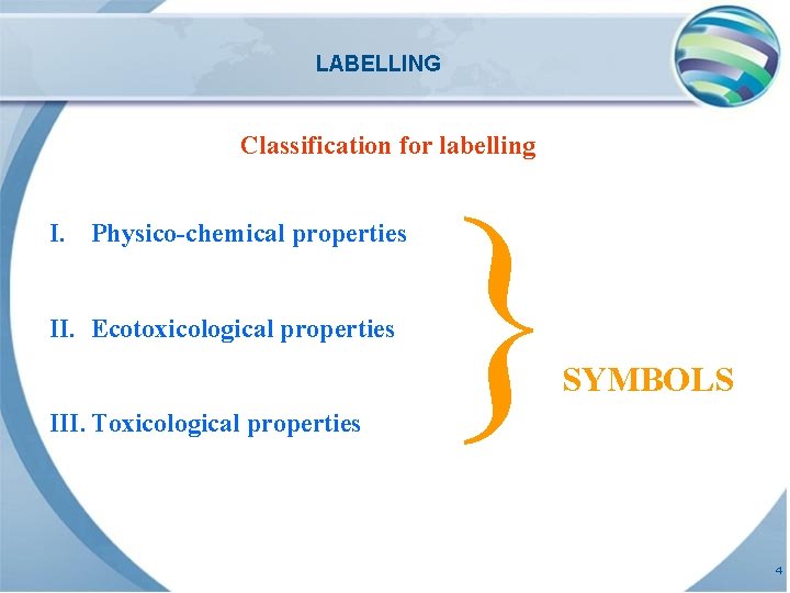 LABELLING Classification for labelling I. Physico-chemical properties II. Ecotoxicological properties III. Toxicological properties }