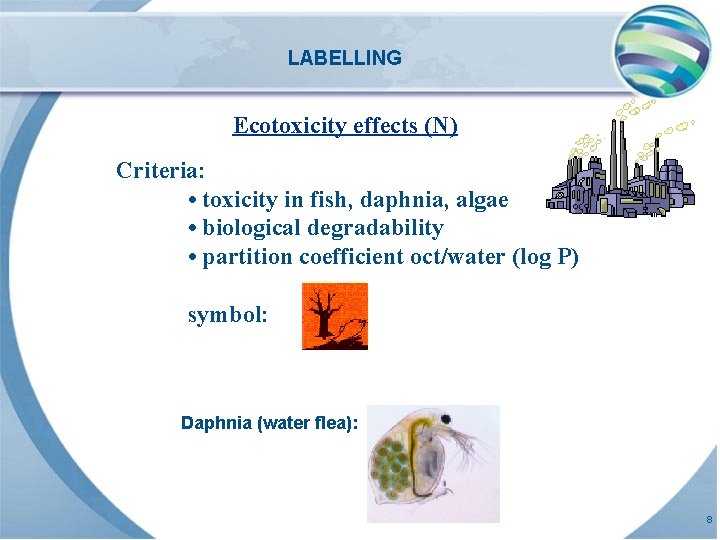 LABELLING Ecotoxicity effects (N) Criteria: • toxicity in fish, daphnia, algae • biological degradability