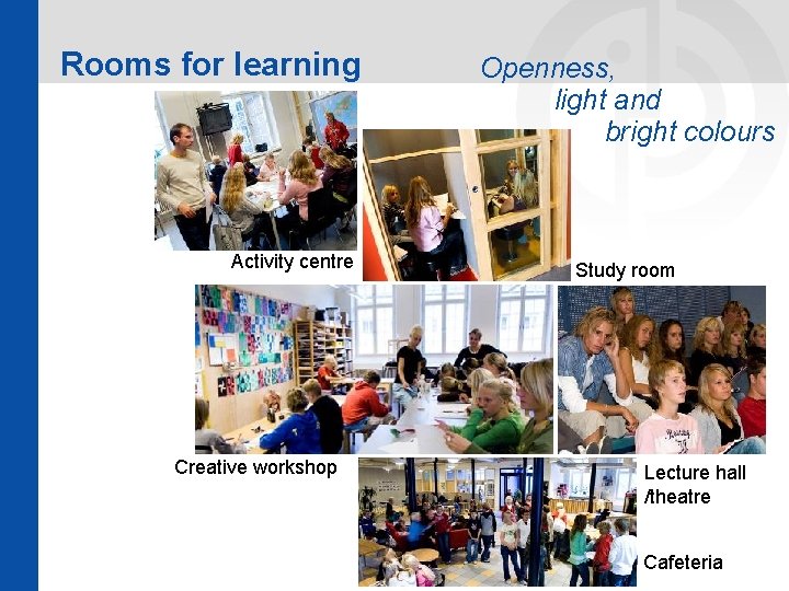 Rooms for learning Activity centre Creative workshop Openness, light and bright colours Study room