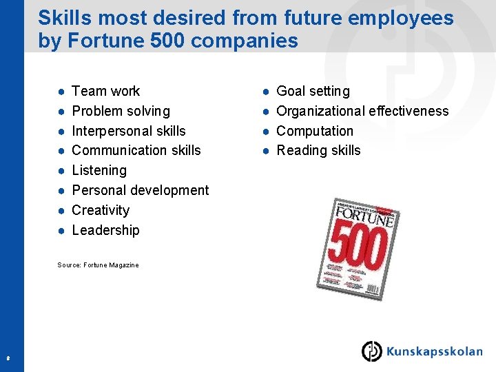 Skills most desired from future employees by Fortune 500 companies ● ● ● ●