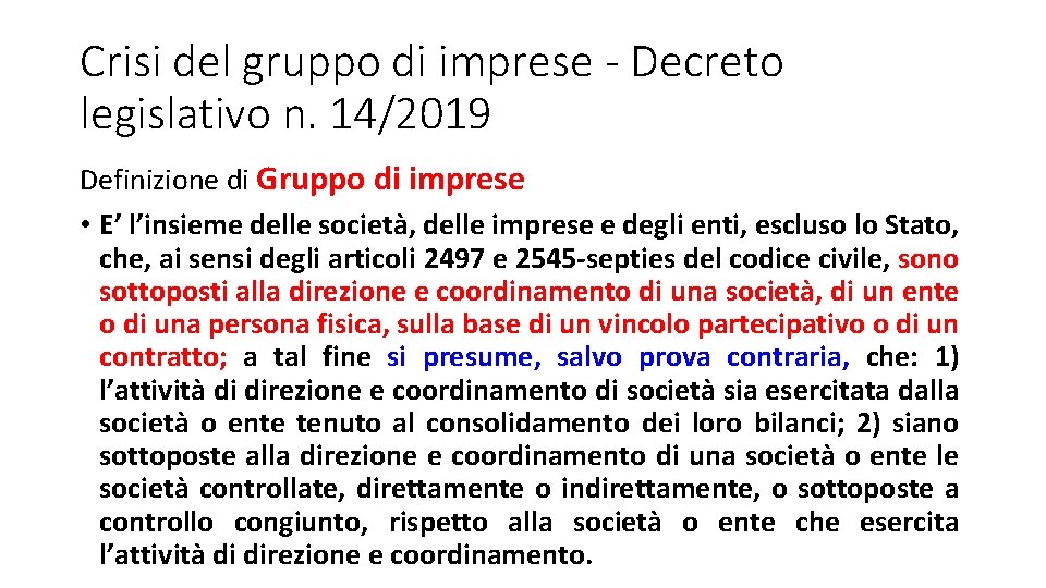 Crisi del gruppo di imprese - Decreto legislativo n. 14/2019 Definizione di Gruppo di