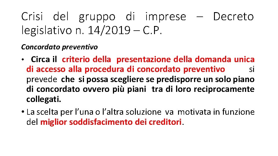 Crisi del gruppo di imprese – Decreto legislativo n. 14/2019 – C. P. Concordato