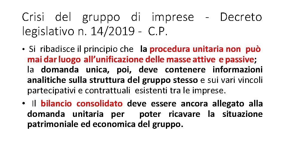 Crisi del gruppo di imprese - Decreto legislativo n. 14/2019 - C. P. •