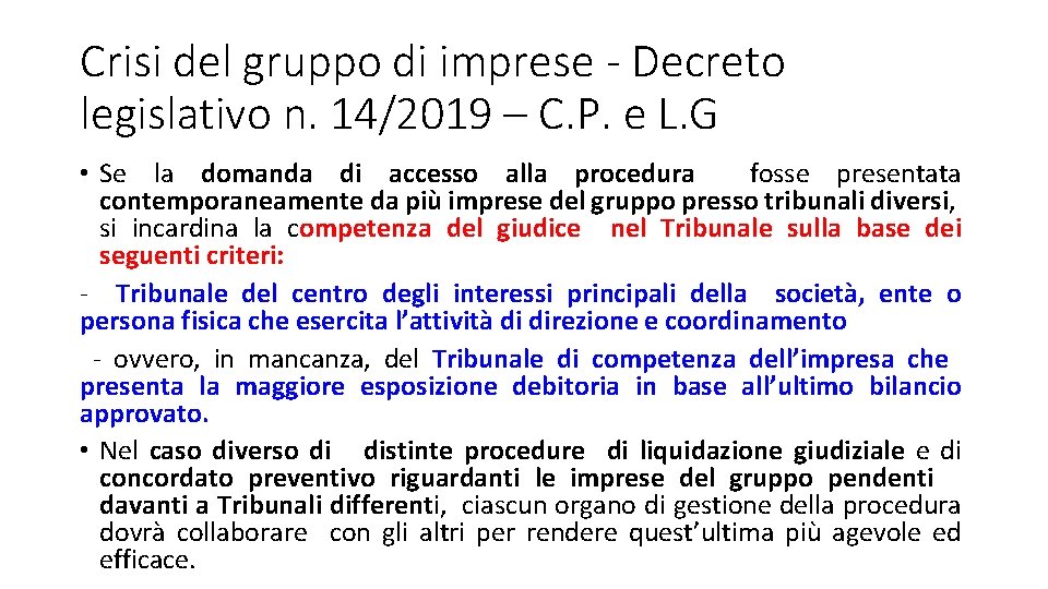 Crisi del gruppo di imprese - Decreto legislativo n. 14/2019 – C. P. e