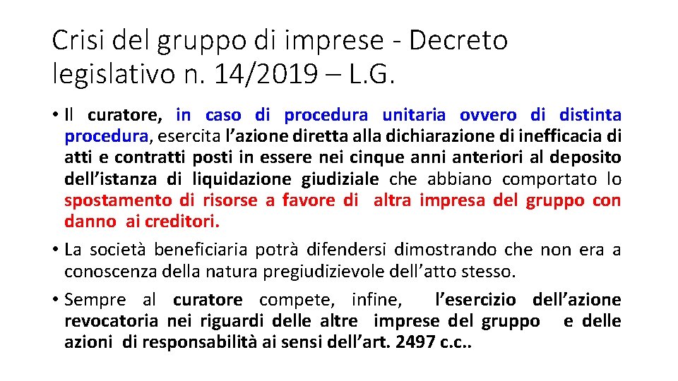 Crisi del gruppo di imprese - Decreto legislativo n. 14/2019 – L. G. •