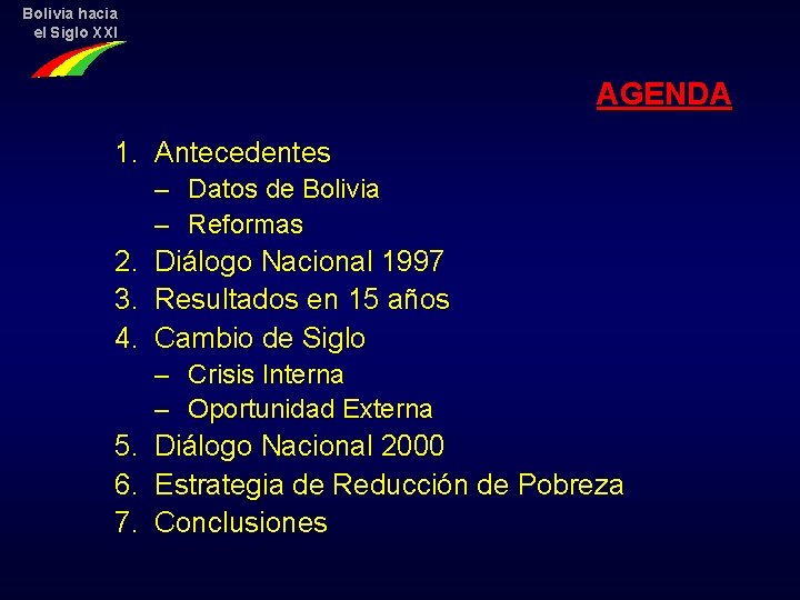 Bolivia hacia el Siglo XXI AGENDA 1. Antecedentes – Datos de Bolivia – Reformas