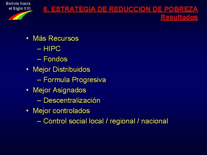 Bolivia hacia el Siglo XXI 6. ESTRATEGIA DE REDUCCION DE POBREZA Resultados • Más