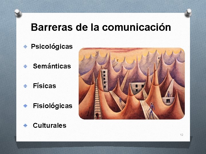 Barreras de la comunicación Psicológicas Semánticas Físicas Fisiológicas Culturales 12 