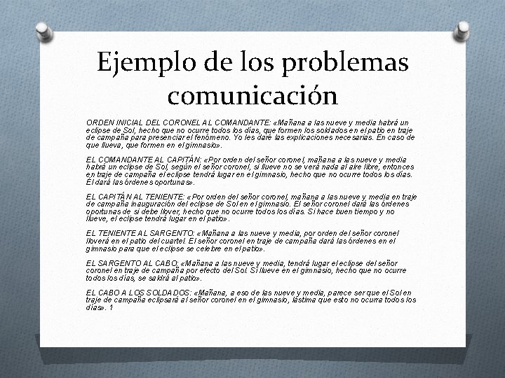 Ejemplo de los problemas comunicación ORDEN INICIAL DEL CORONEL AL COMANDANTE: «Mañana a las