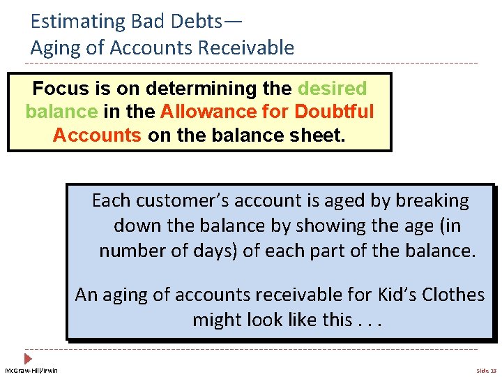 Estimating Bad Debts— Aging of Accounts Receivable Focus is on determining the desired balance