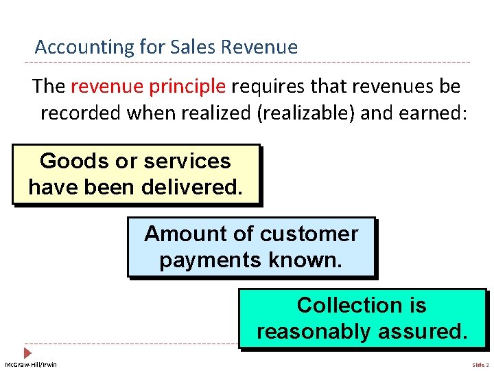 Accounting for Sales Revenue The revenue principle requires that revenues be recorded when realized