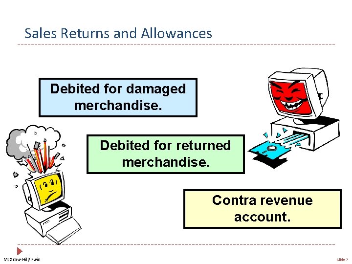 Sales Returns and Allowances Debited for damaged merchandise. Debited for returned merchandise. Contra revenue
