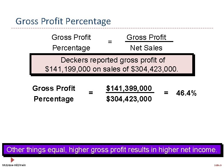 Gross Profit Percentage = Gross Profit Net Sales Deckers reported gross profit of $141,