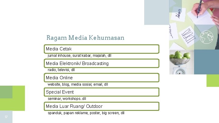 Ragam Media Kehumasan Media Cetak jurnal inhouse, surat kabar, majalah, dll Media Elektronik/ Broadcasting