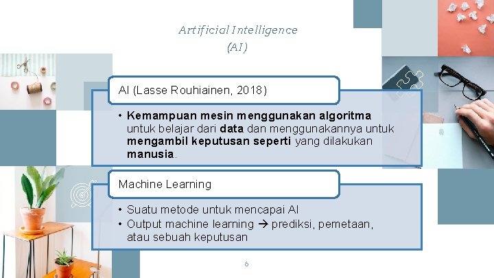 Artificial Intelligence (AI) AI (Lasse Rouhiainen, 2018) • Kemampuan mesin menggunakan algoritma untuk belajar