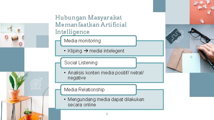 Hubungan Masyarakat Memanfaatkan Artificial Intelligence Media monitoring • Kliping media intelegent Social Listening •