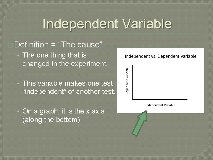 Independent Variable � Definition = “The cause” • The one thing that is changed