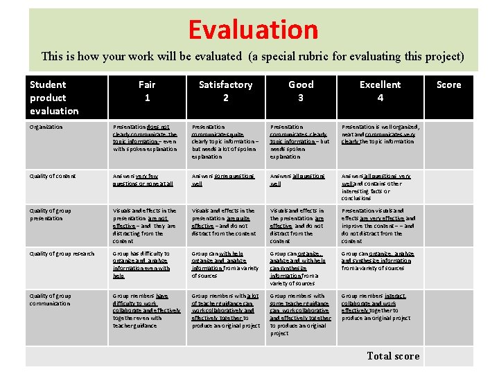 Evaluation This is how your work will be evaluated (a special rubric for evaluating