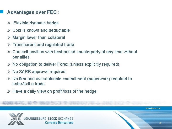 Advantages over FEC : Flexible dynamic hedge Cost is known and deductable Margin lower