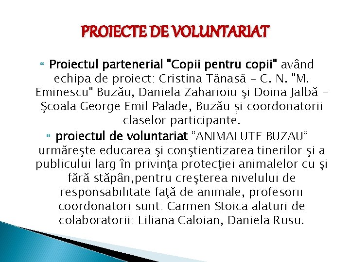 PROIECTE DE VOLUNTARIAT Proiectul partenerial "Copii pentru copii" având echipa de proiect: Cristina Tănasă