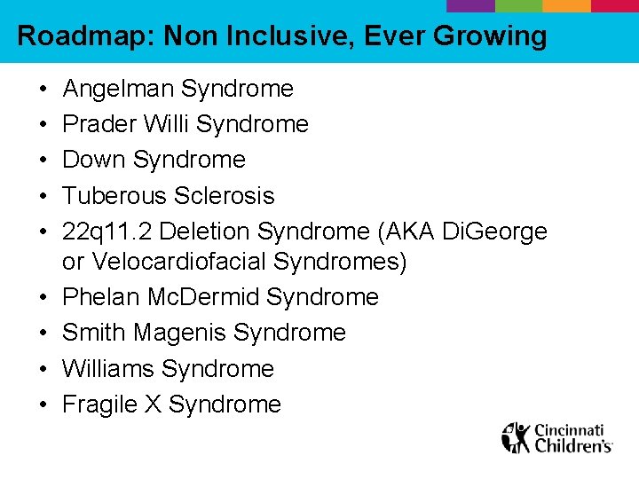 Roadmap: Non Inclusive, Ever Growing • • • Angelman Syndrome Prader Willi Syndrome Down