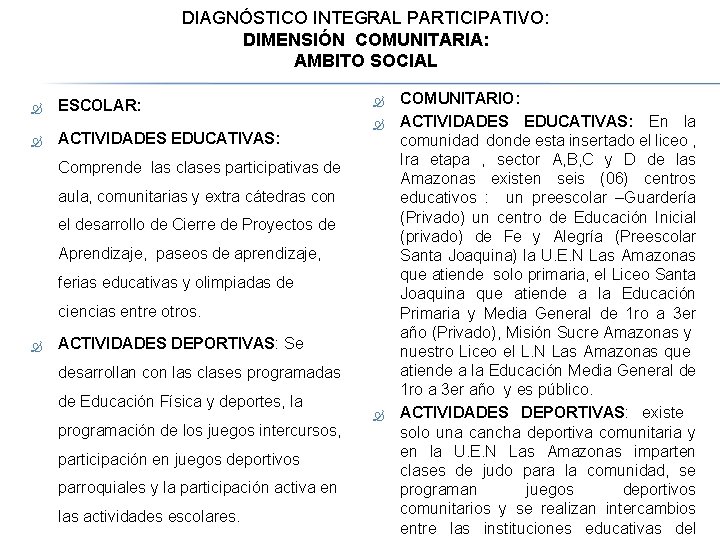 DIAGNÓSTICO INTEGRAL PARTICIPATIVO: DIMENSIÓN COMUNITARIA: AMBITO SOCIAL ESCOLAR: ACTIVIDADES EDUCATIVAS: Comprende las clases participativas