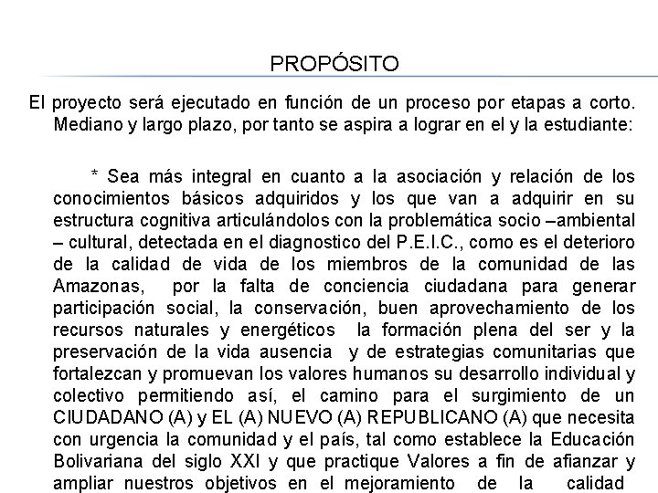 PROPÓSITO El proyecto será ejecutado en función de un proceso por etapas a corto.