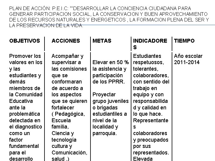 PLAN DE ACCIÓN: P. E. I. C: ““DESARROLLAR LA CONCIENCIA CIUDADANA PARA GENERAR PARTICIPACION