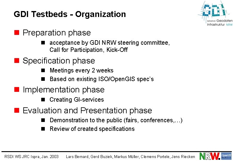 GDI Testbeds - Organization n Preparation phase n acceptance by GDI NRW steering committee,