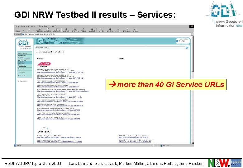 GDI NRW Testbed II results – Services: more than 40 GI Service URLs RSDI