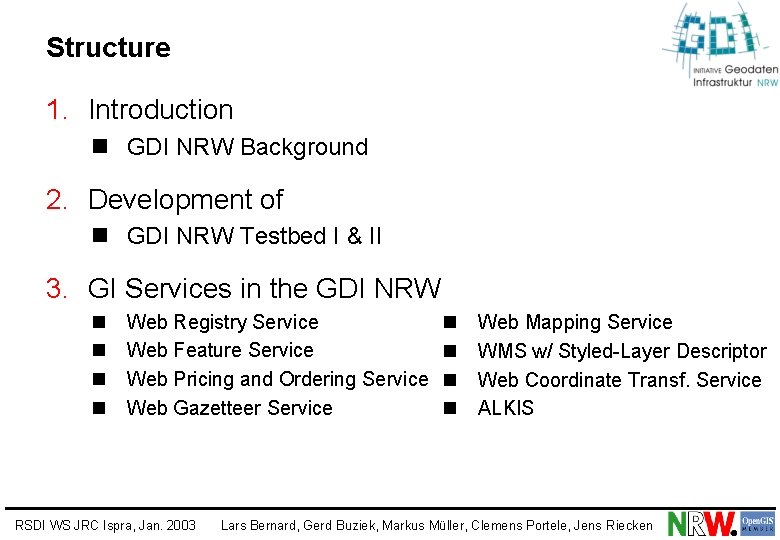 Structure 1. Introduction n GDI NRW Background 2. Development of n GDI NRW Testbed