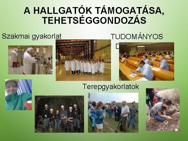 A HALLGATÓK TÁMOGATÁSA, TEHETSÉGGONDOZÁS Szakmai gyakorlat TUDOMÁNYOS DIÁKKÖR Terepgyakorlatok 