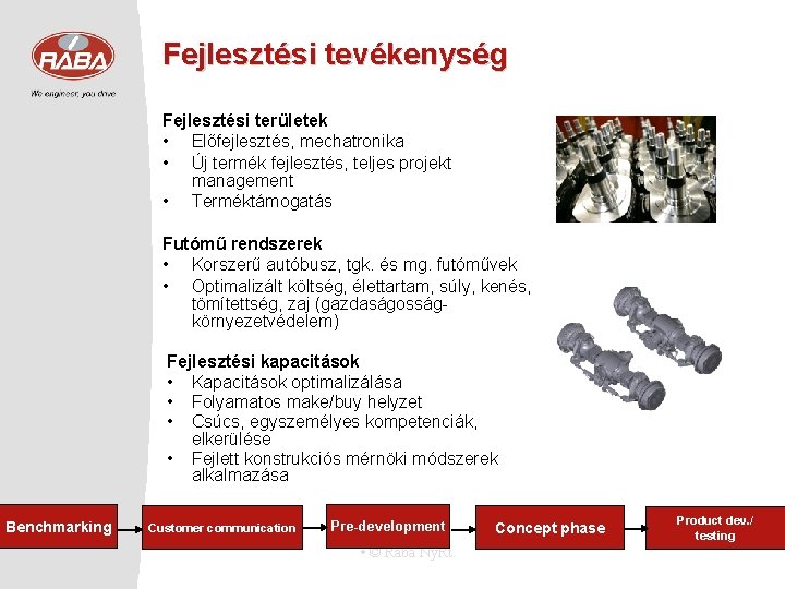 Fejlesztési tevékenység Fejlesztési területek • Előfejlesztés, mechatronika • Új termék fejlesztés, teljes projekt management