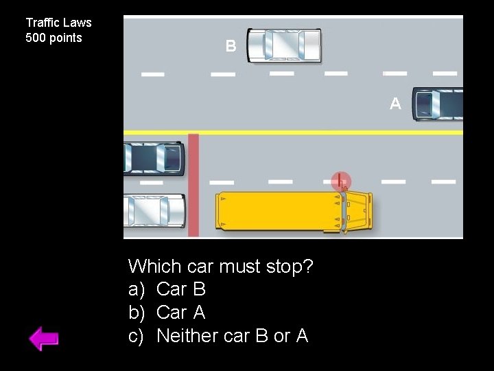Traffic Laws 500 points Which car must stop? a) Car B b) Car A